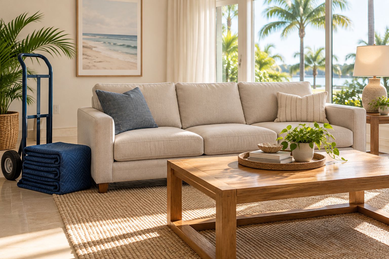 Sofa in a bright Florida living room with a moving blanket and hand truck